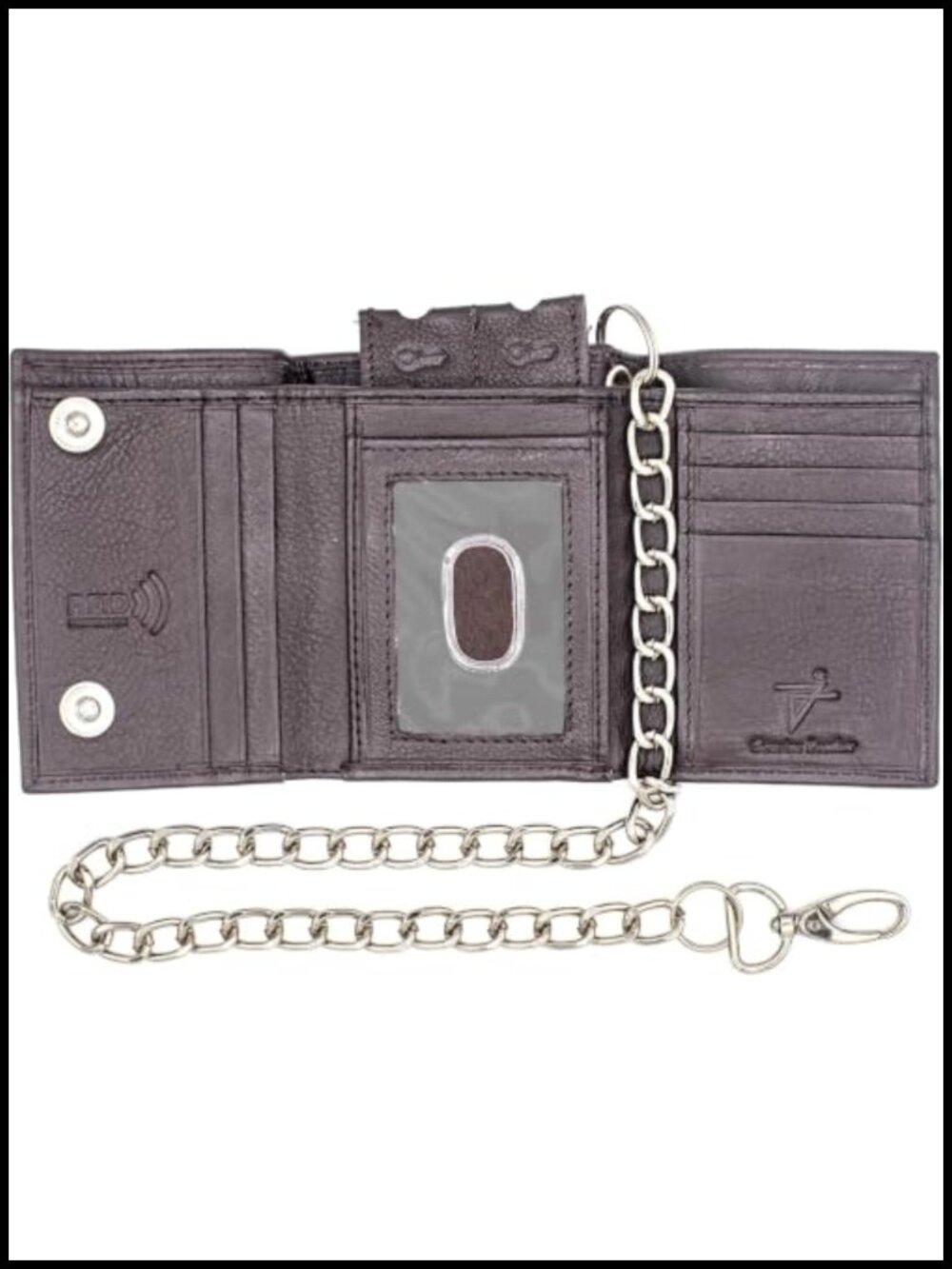 Genuine Leather Men's Trifold Biker Wallet with Chain RFID Blocking